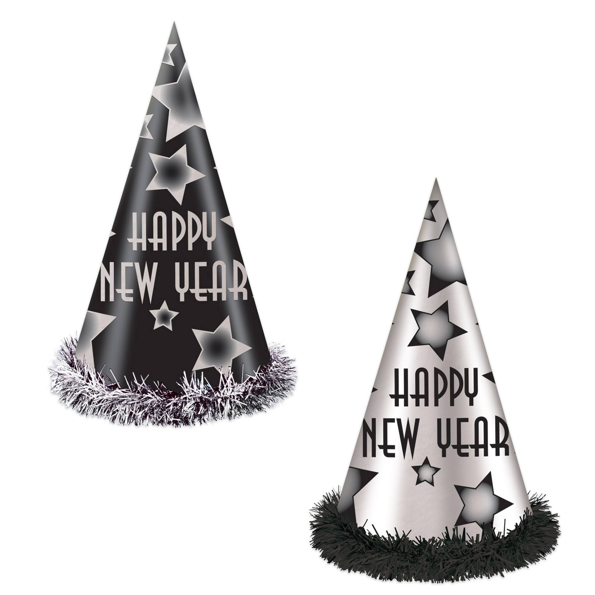 12" Black & Silver Happy New Year Cone Party Hats, 25ct.